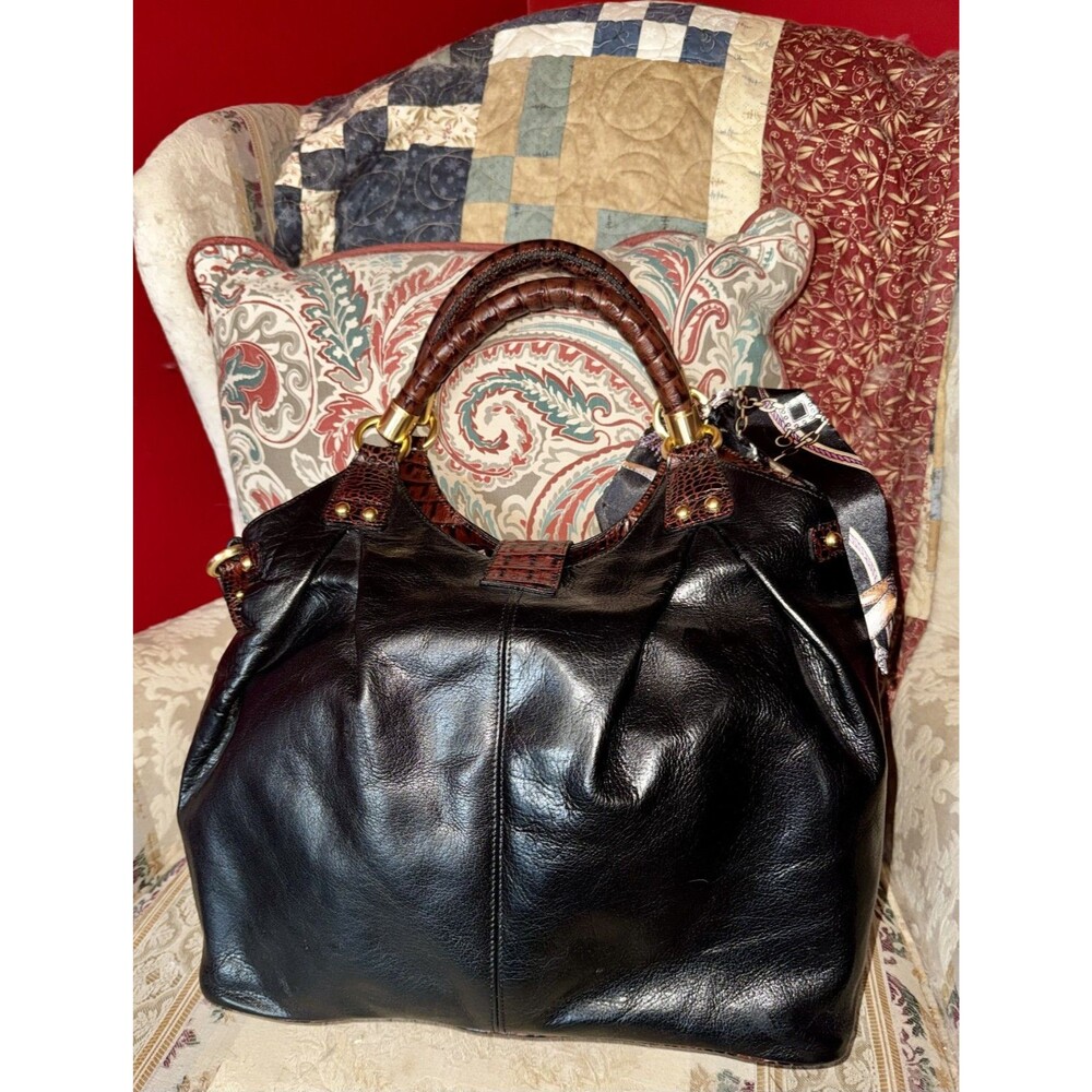 Brahmin Elisa Black Tuscan Leather Satchel Handbag Large - Picture 3 of 5